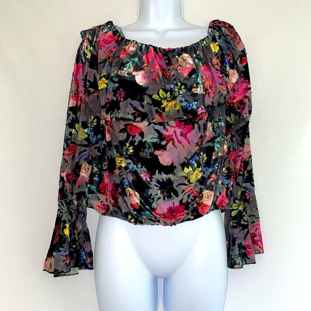 Velvet Burnout Off The Shoulder Bell Sleeve‎ Blouse Top Colorful Floral Y2K 2XL